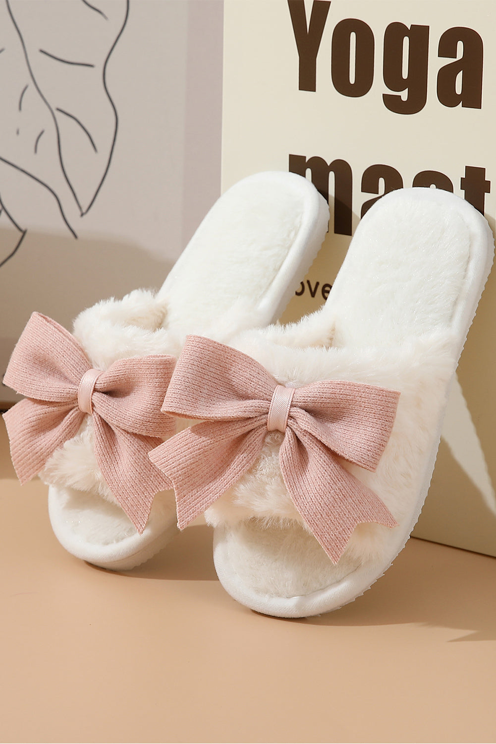 White Cute Bowknot Home Fluffy Slippers