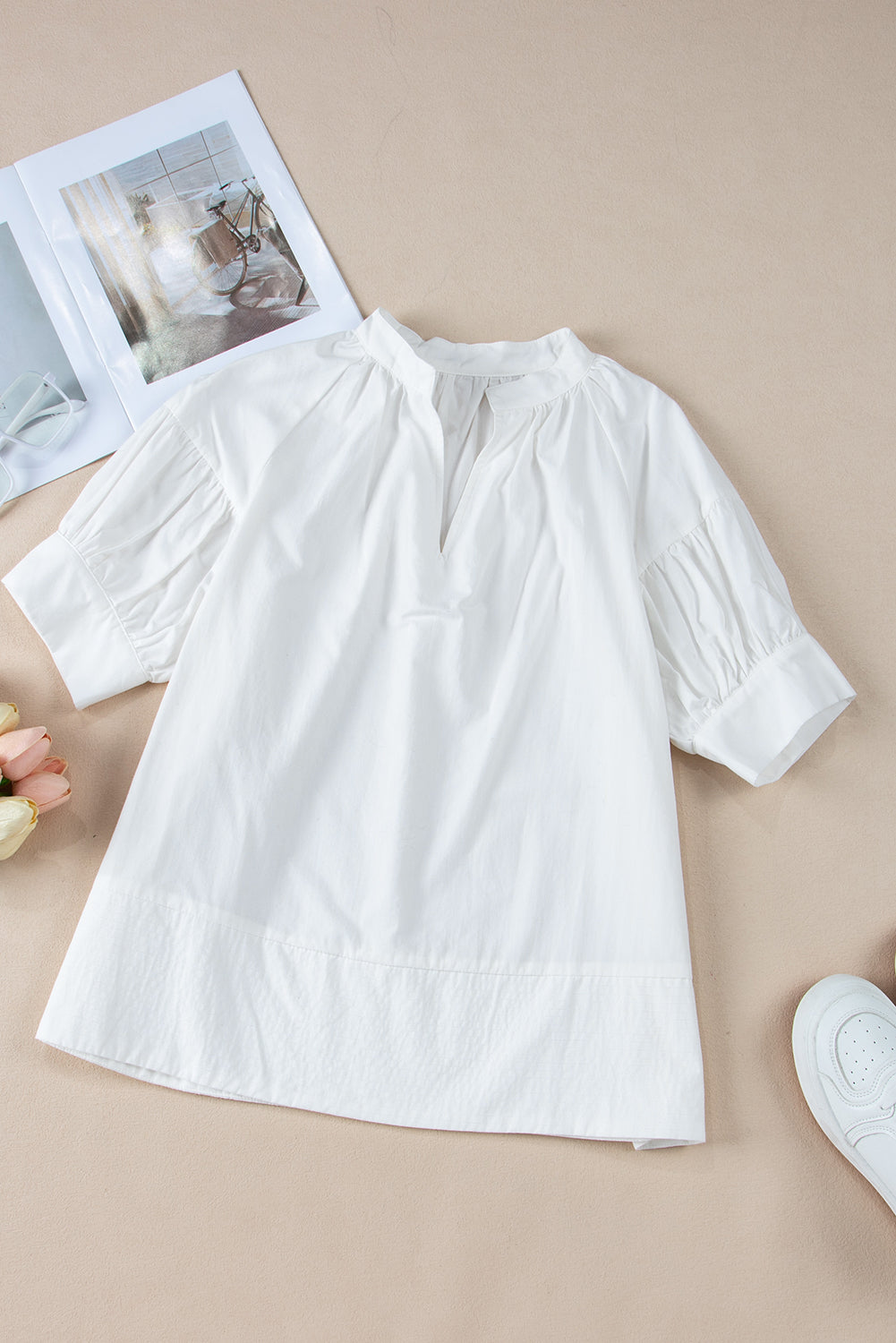 White Solid Color Ruched Bubble Sleeve V Neck Shirt