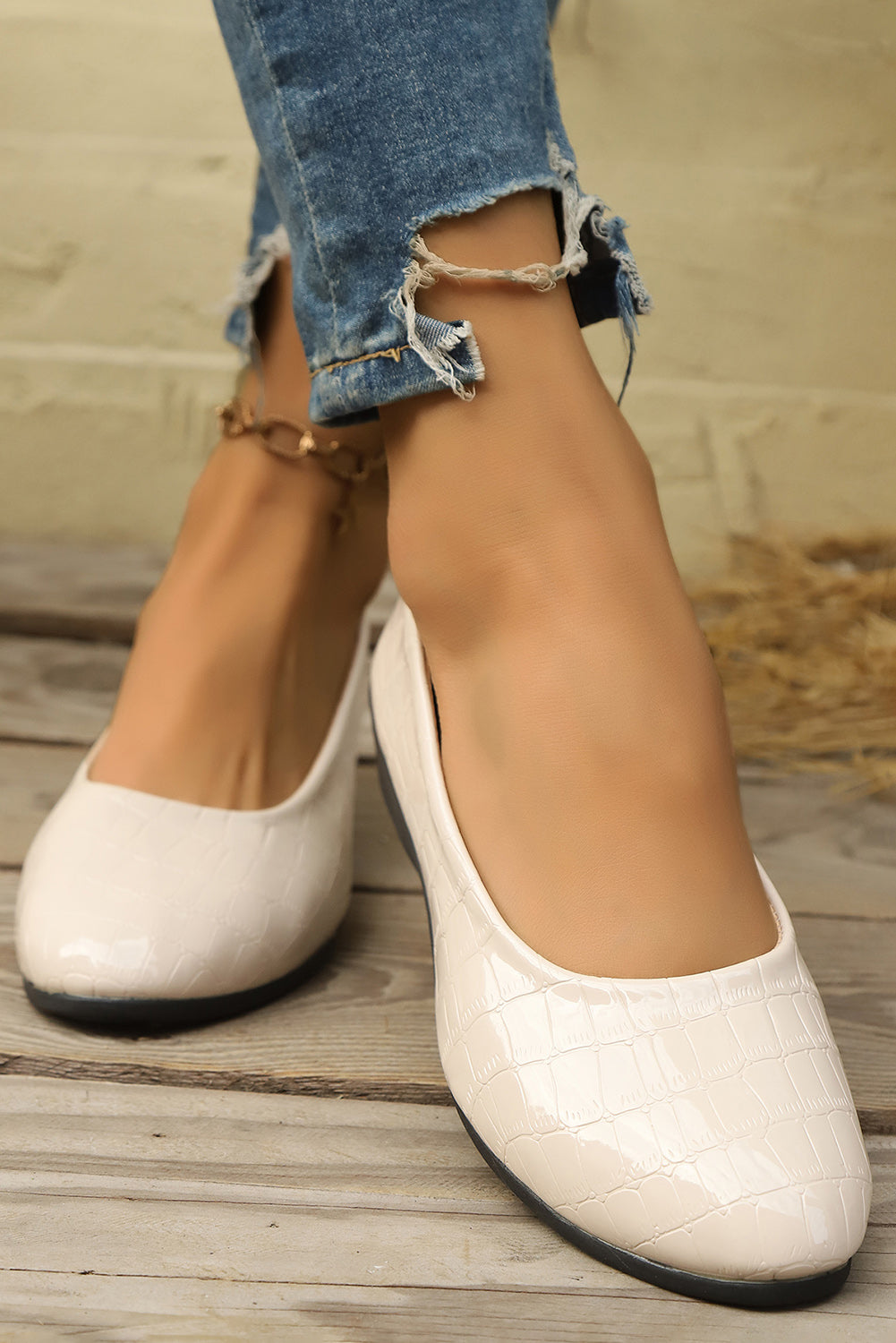 White Textured PU Leather Pointed Toe Wedge Heel Shoes