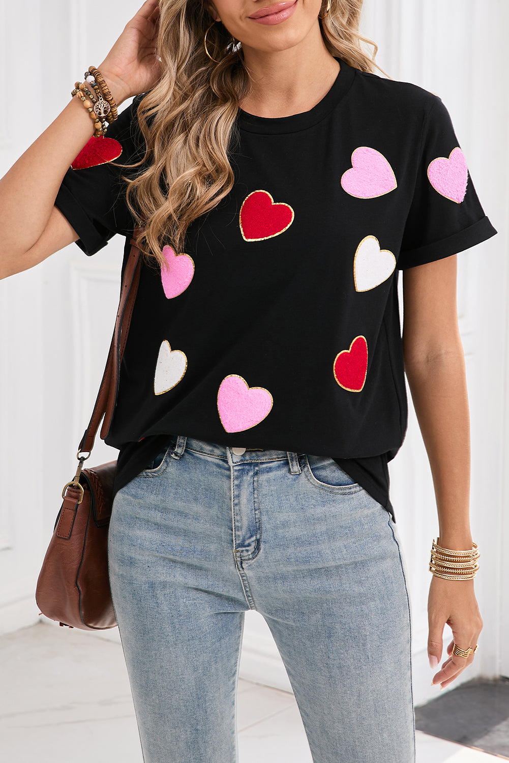 Black Valentines Chenille Heart Patched Pattern Crewneck Tee