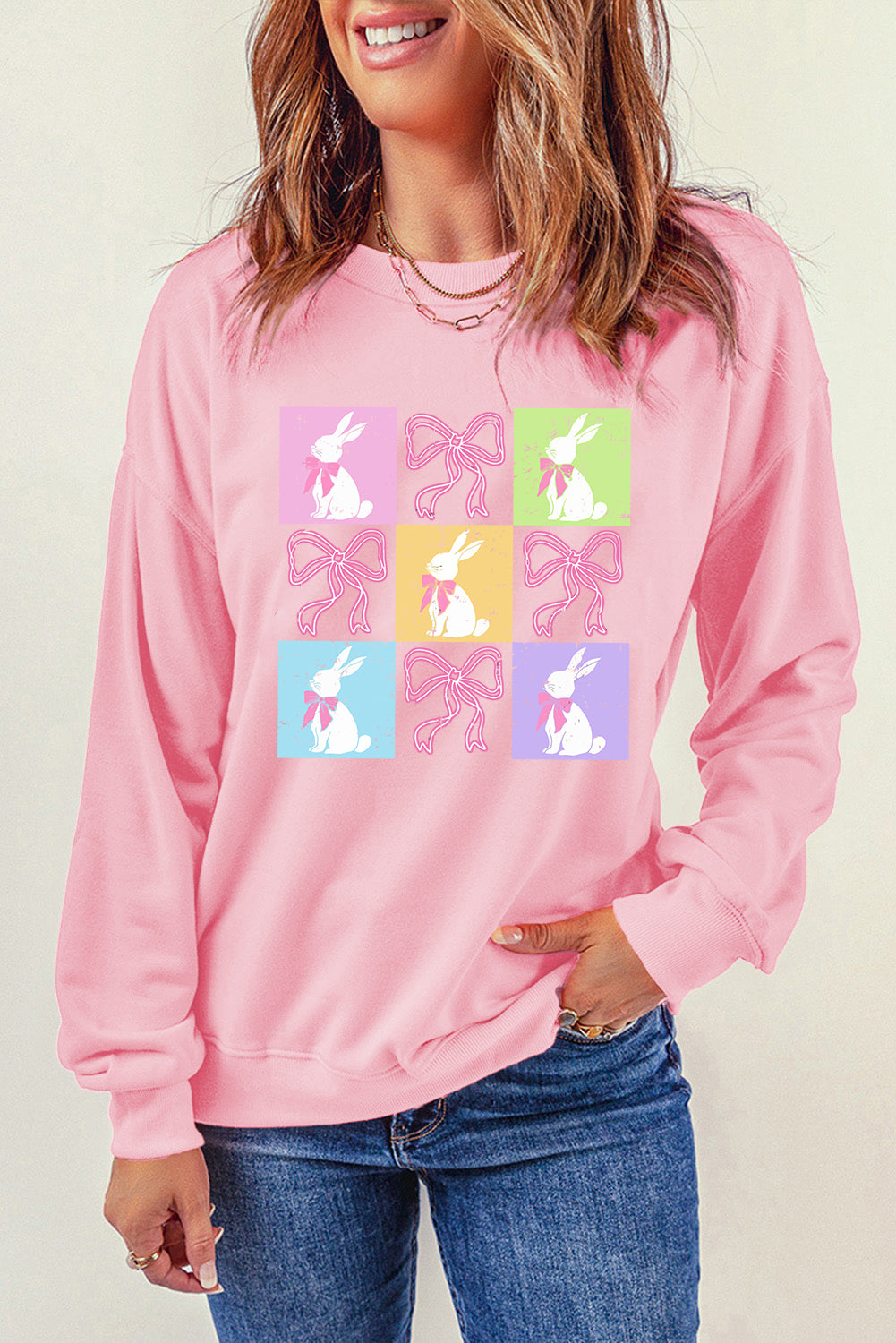 Sweat-shirt à imprimé graphique à carreaux avec nœud de lapin de Pâques rose