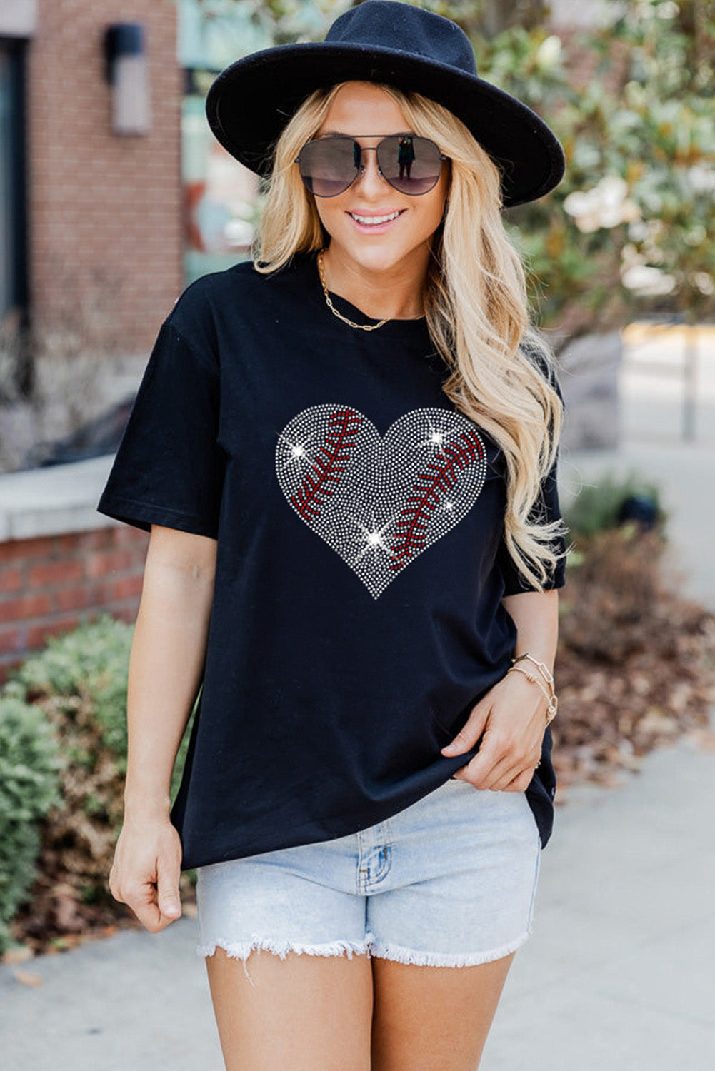 Black Rhinestone Baseball Heart Shape Graphic T Shirt