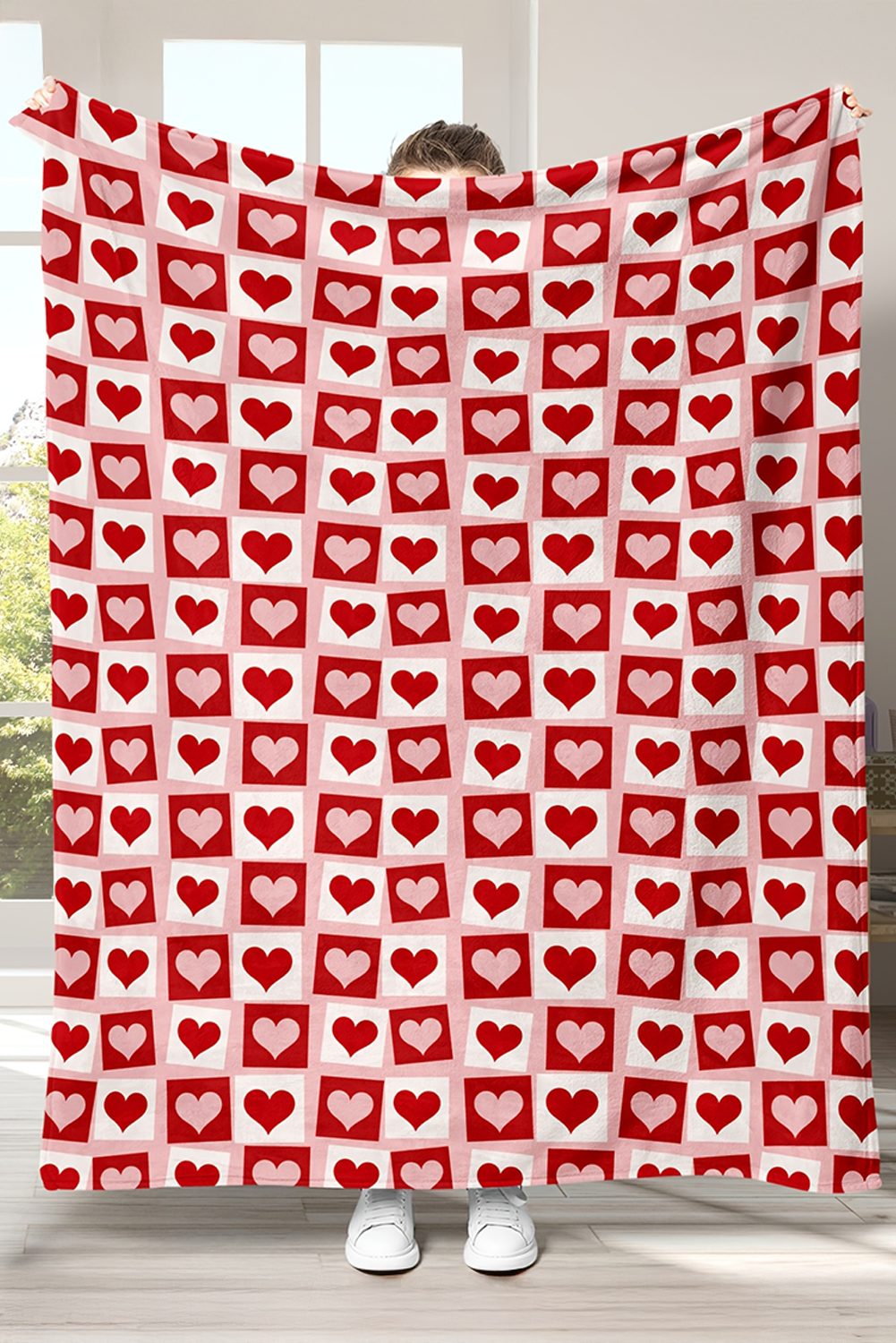 Fiery Red Valentines Checkered Heart Blanket