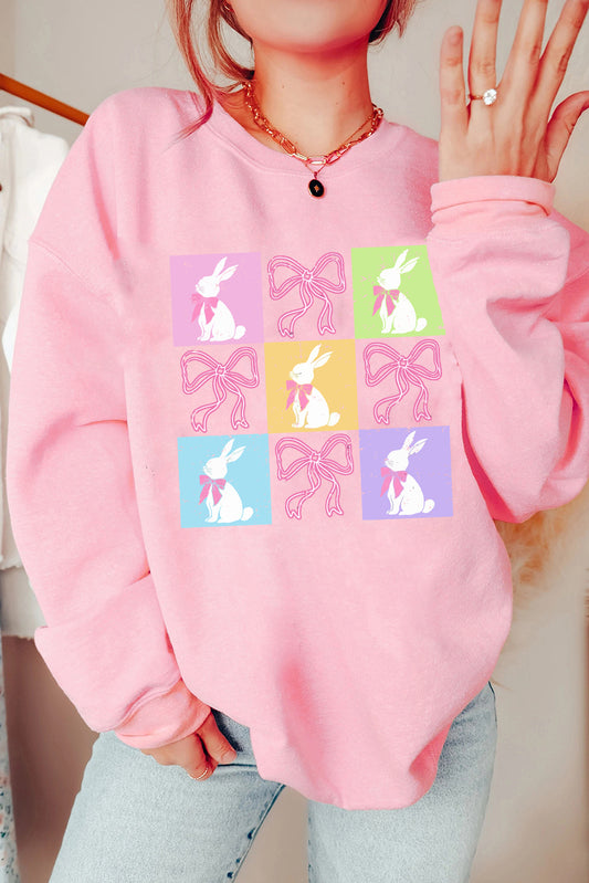 Sweat-shirt à imprimé graphique à carreaux avec nœud de lapin de Pâques rose