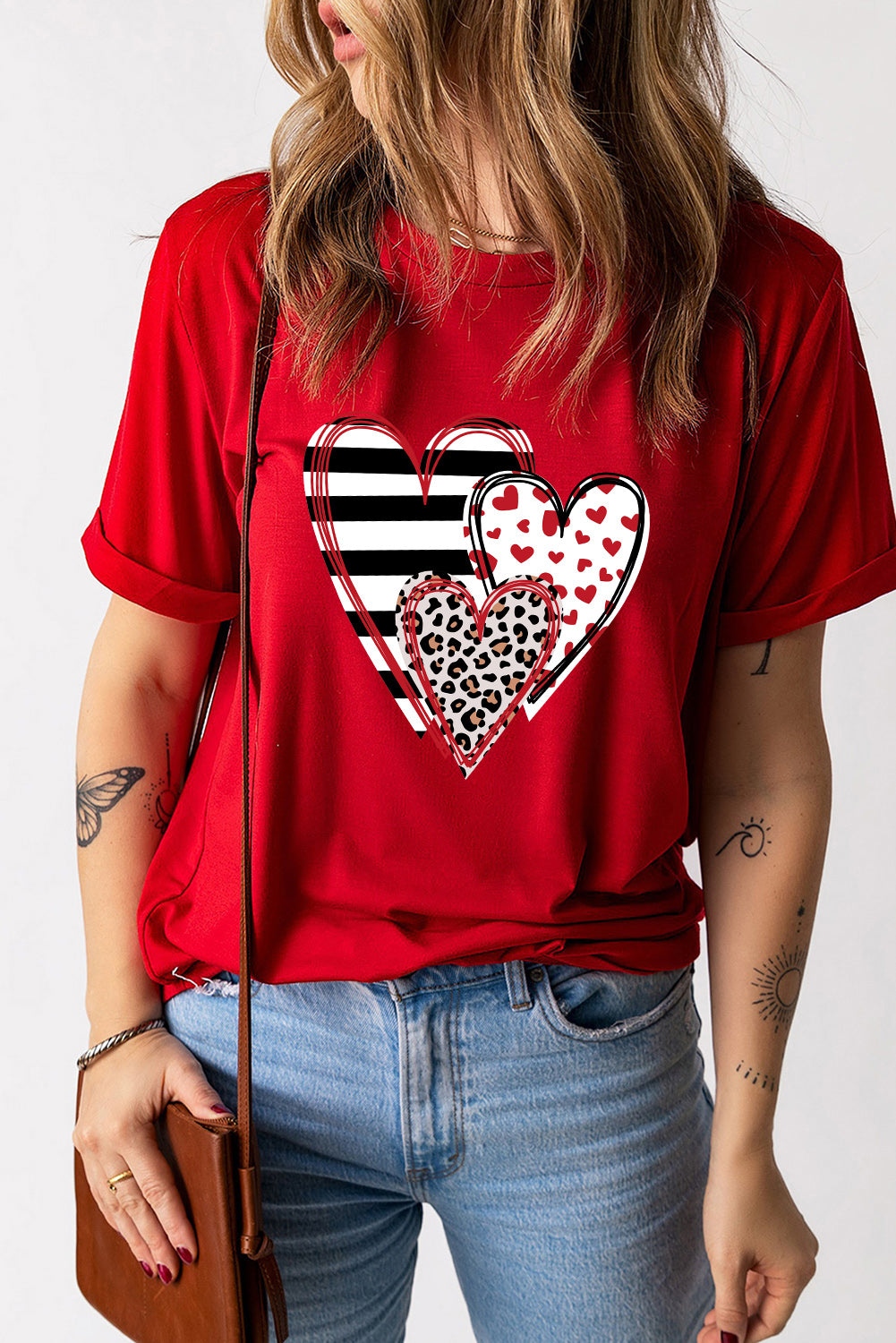 Red Leopard Striped Heart Print Graphic Crew Neck T Shirt