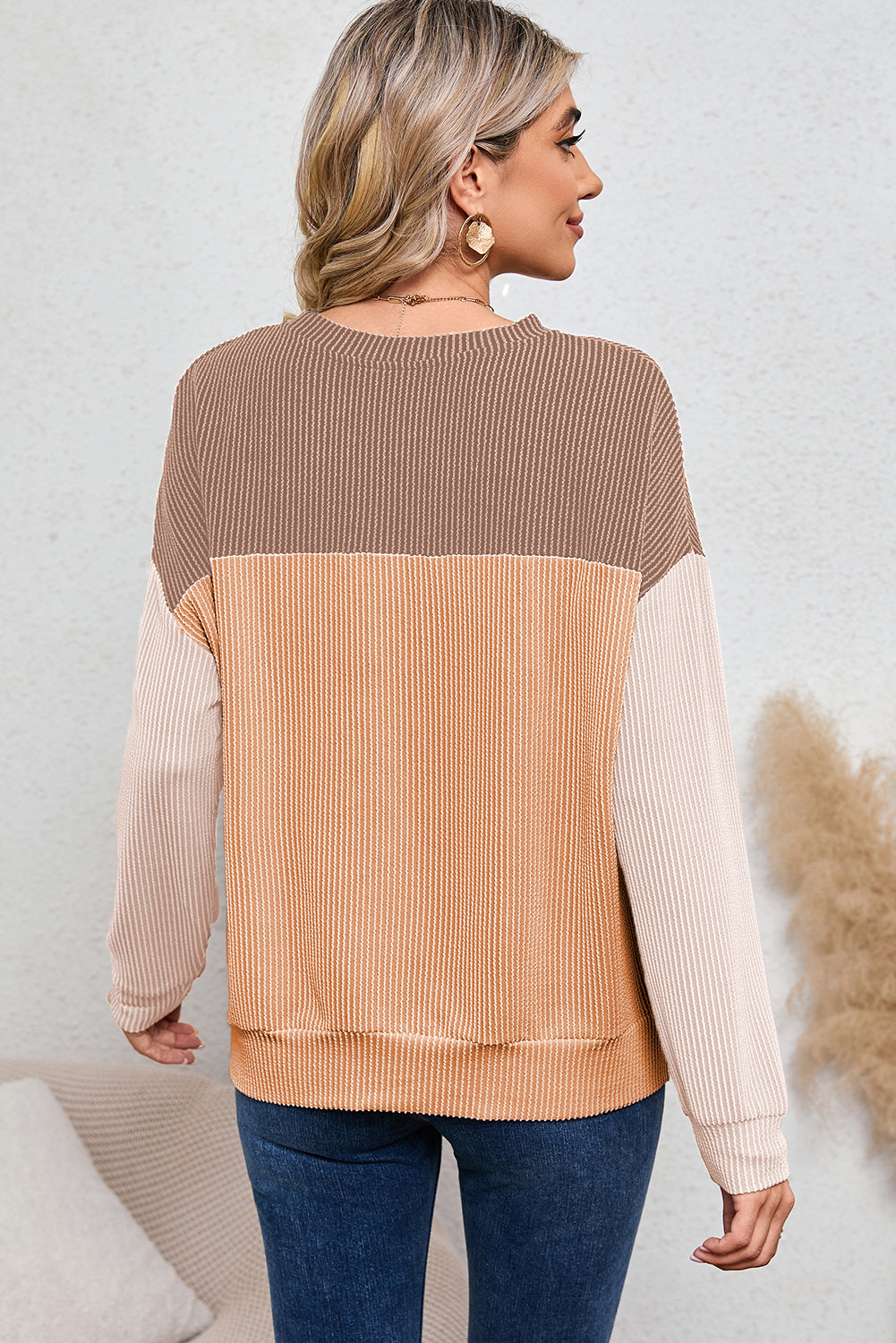 Black Ribbed Color Block Long Sleeve Top