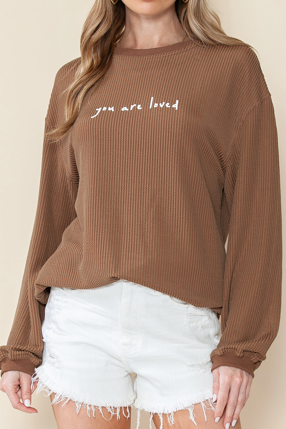 Khaki You Are Loved Print Crinkle Rib Sweatshirt