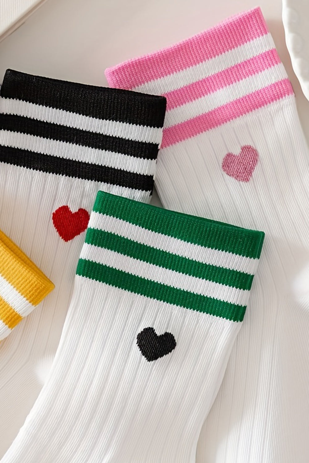 White Heart Striped Cotton Crew Socks 4pcs