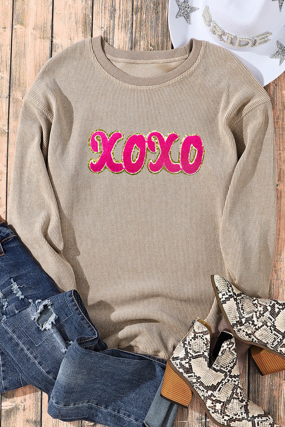 Khaki Corded xoxo Chenille Glitter Patches Graphic Sweatshirt