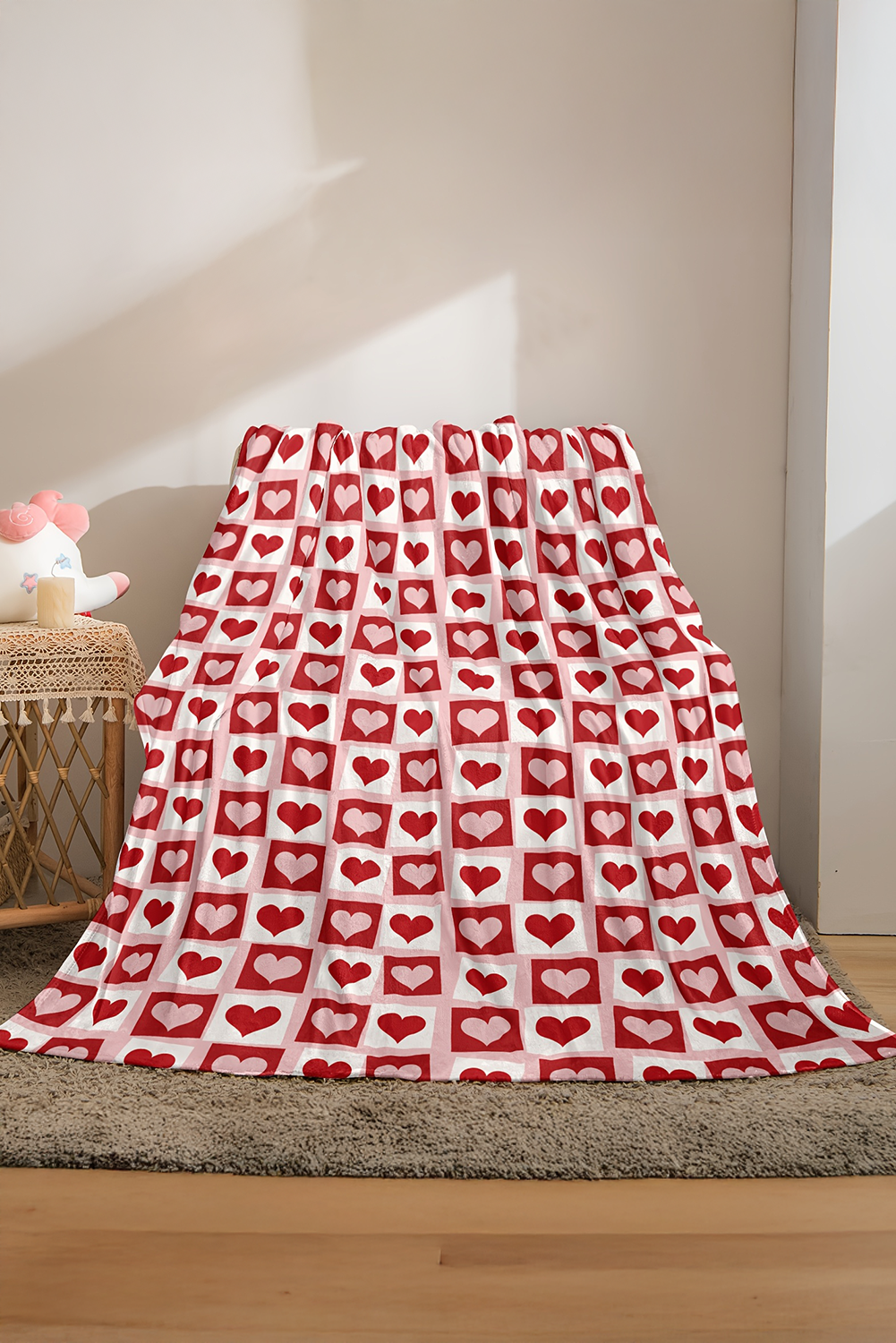 Fiery Red Valentines Checkered Heart Blanket