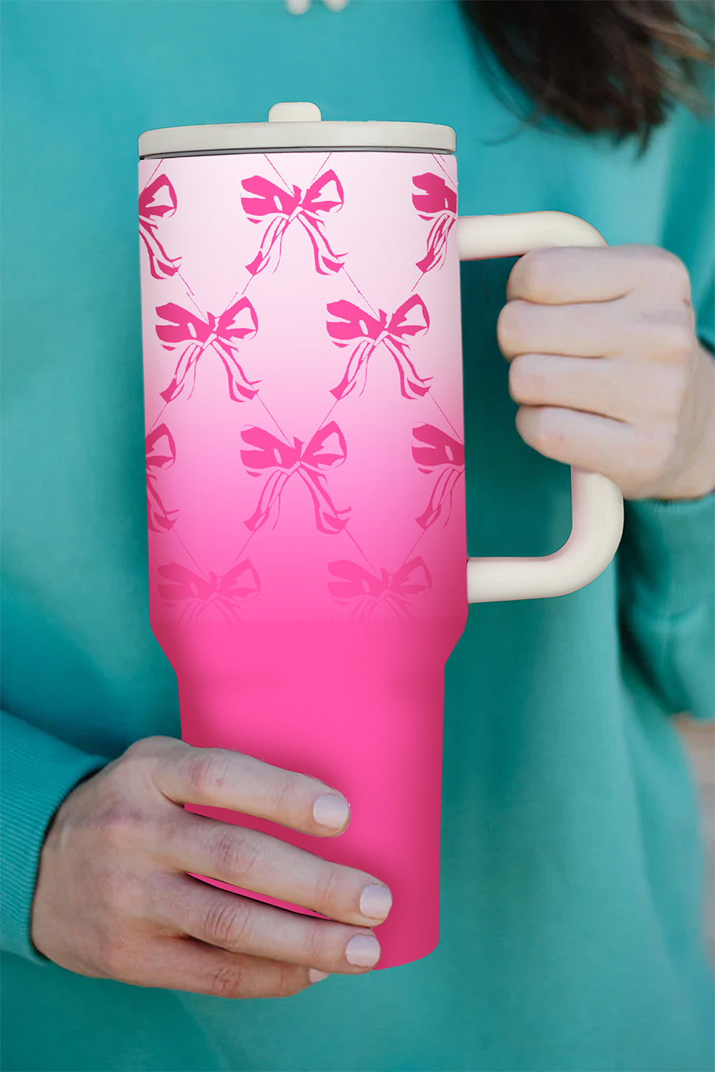 Pink Gradient Bow Print Tumbler Cup