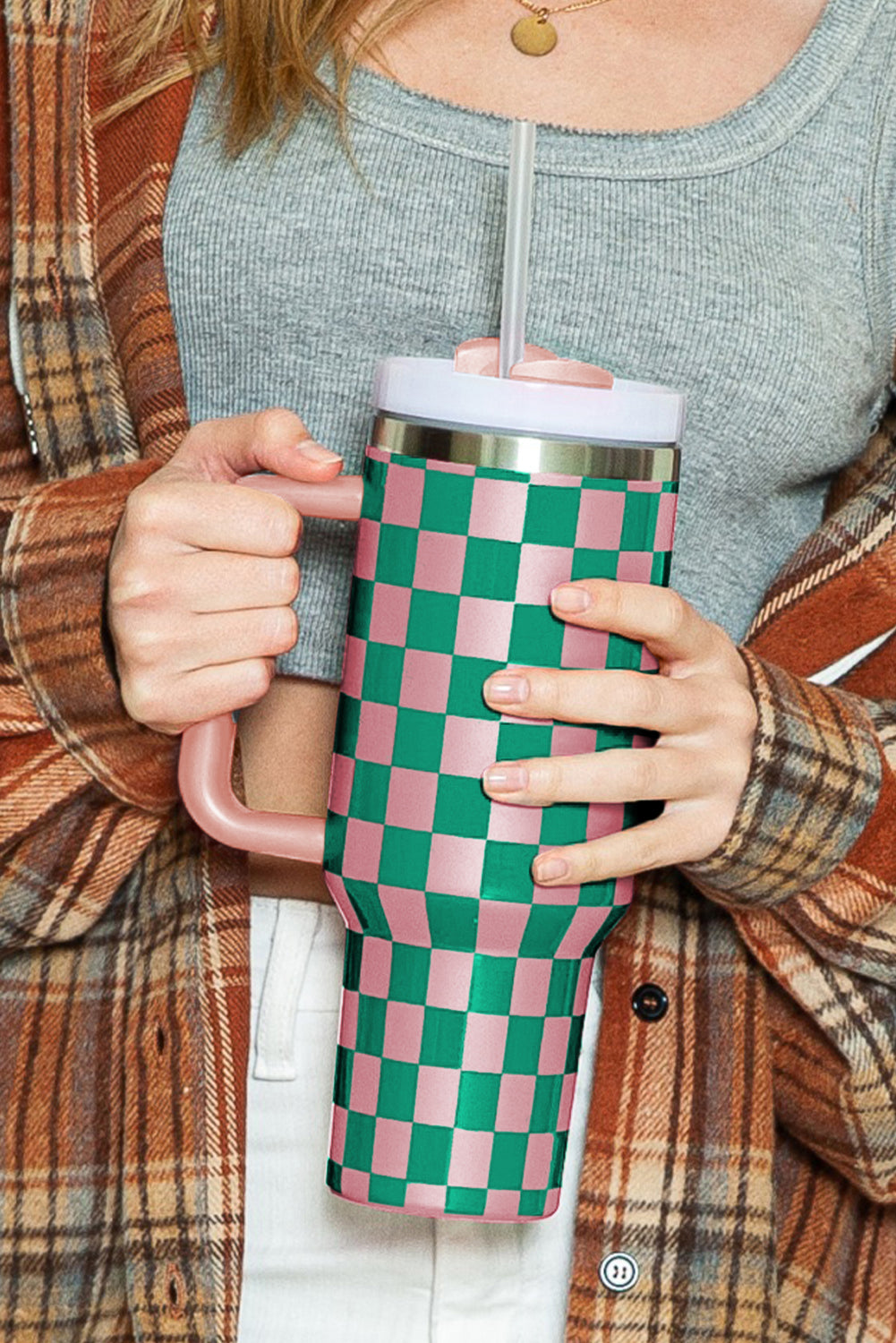 Blackish Green Checkered Print 40oz Tumbler Cup