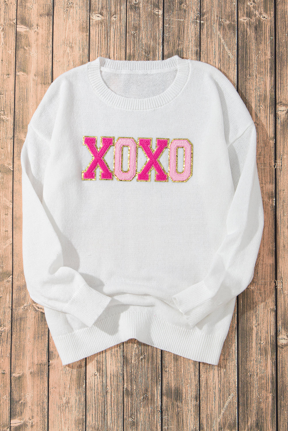 White XOXO Chenille Letter Round Neck Casual Sweater