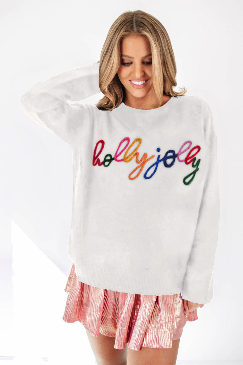 White XOXO Chenille Letter Round Neck Casual Sweater