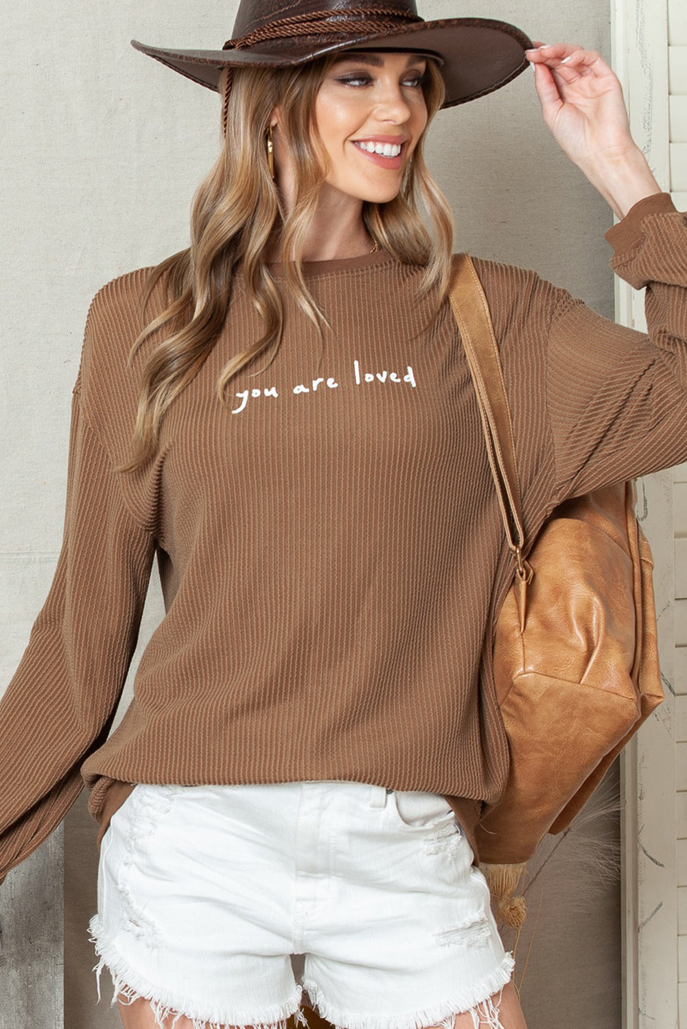 Khaki You Are Loved Print Crinkle Rib Sweatshirt