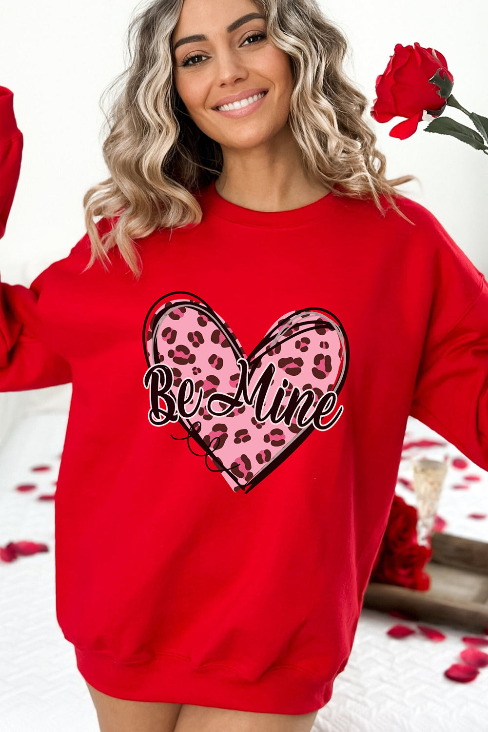 Red Be Mine Leopard Heart Printed Valentines Sweatshirt