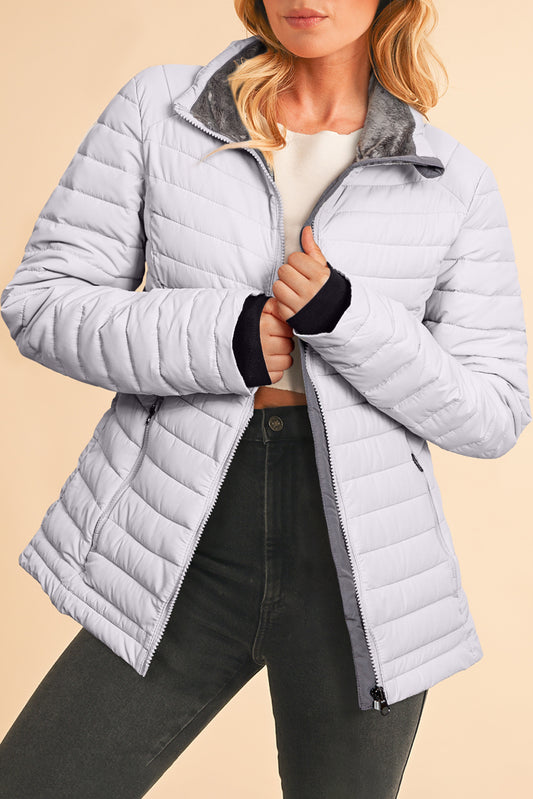 Silvery Solid Color Quilted Zip-up Puffer Jacket