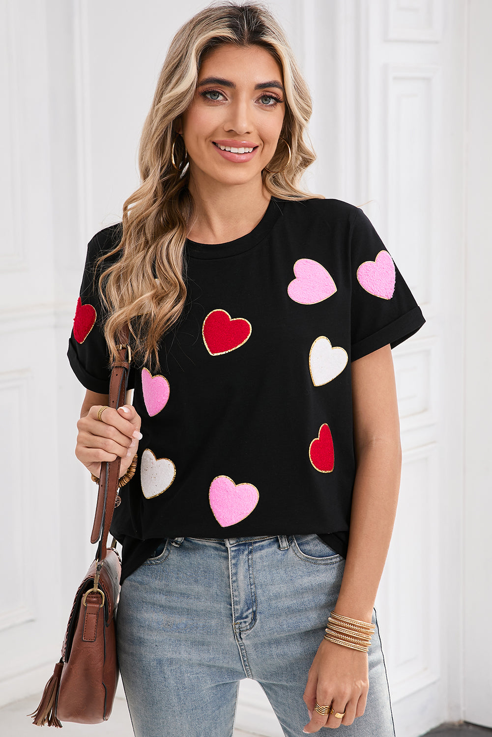 Black Valentines Chenille Heart Patched Pattern Crewneck Tee