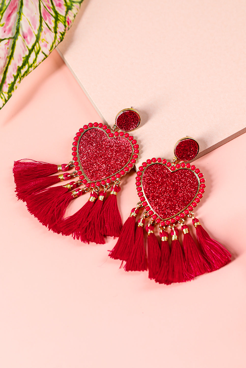 Light Pink Glitter Heart Shaped Tassel Valentine Earrings