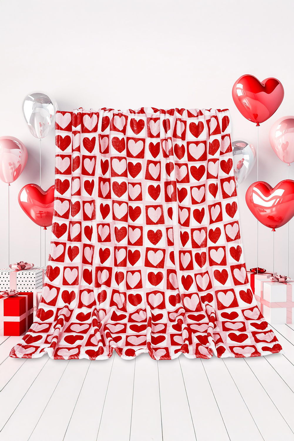 Fiery Red Valentines Checkered Heart Blanket