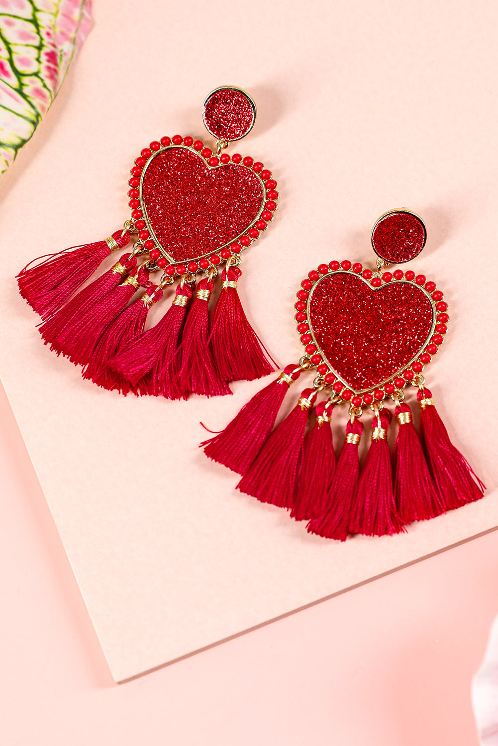 Light Pink Glitter Heart Shaped Tassel Valentine Earrings