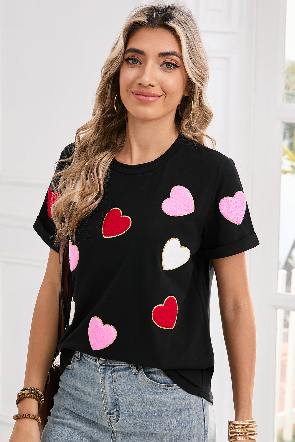 Black Valentines Chenille Heart Patched Pattern Crewneck Tee