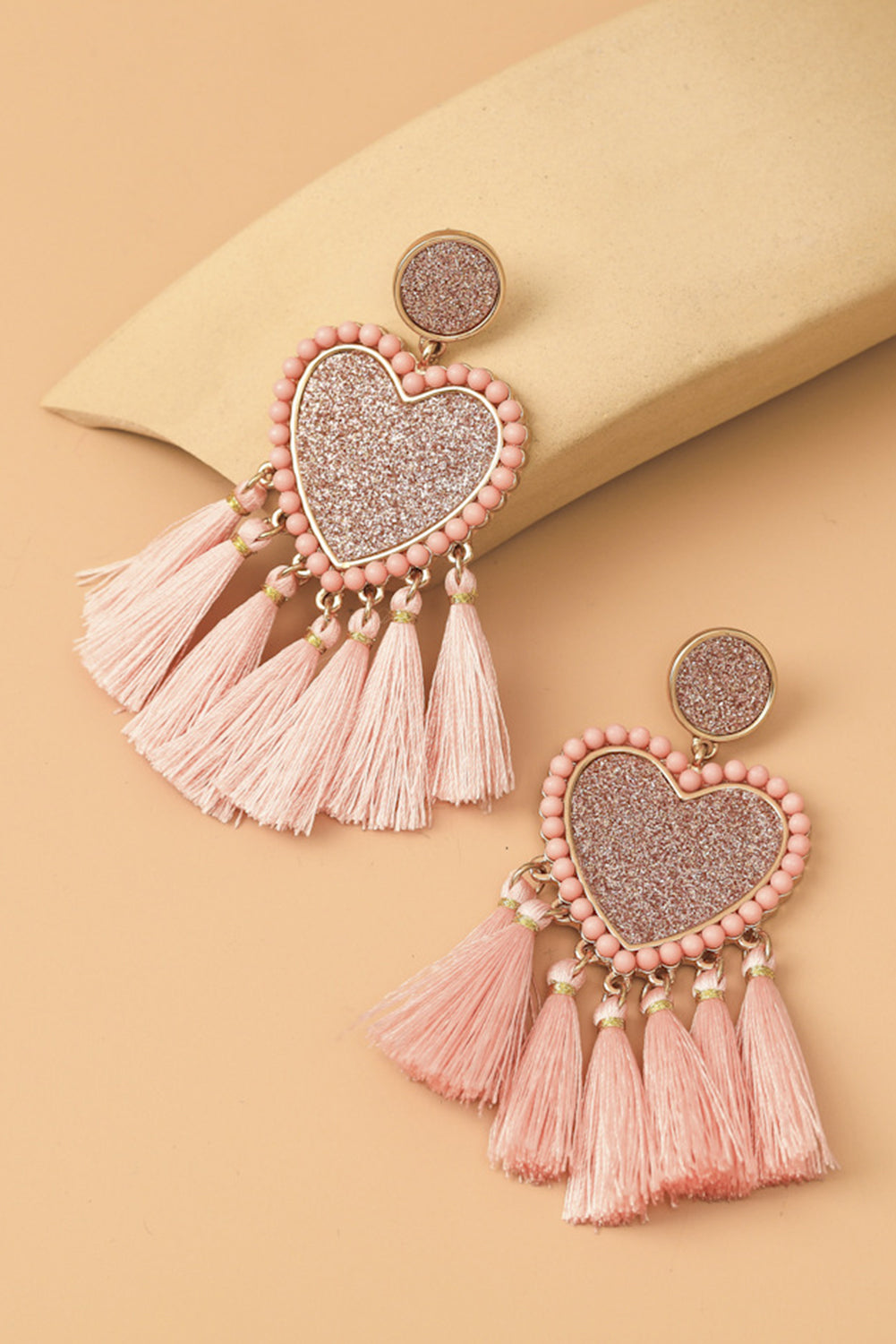 Light Pink Glitter Heart Shaped Tassel Valentine Earrings