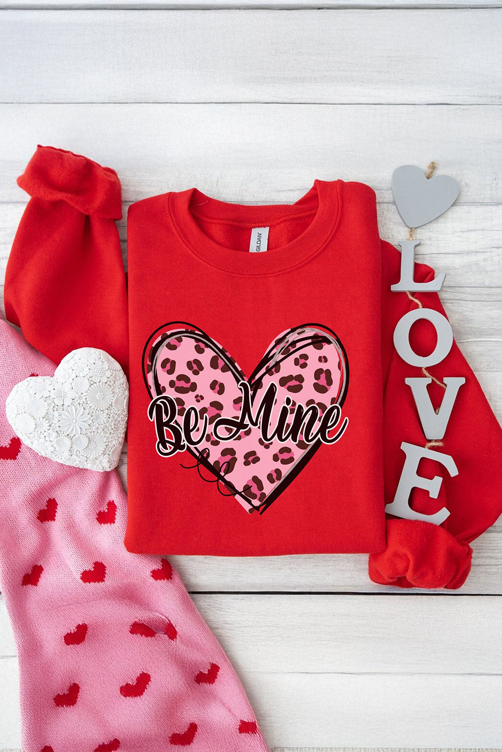 Red Be Mine Leopard Heart Printed Valentines Sweatshirt