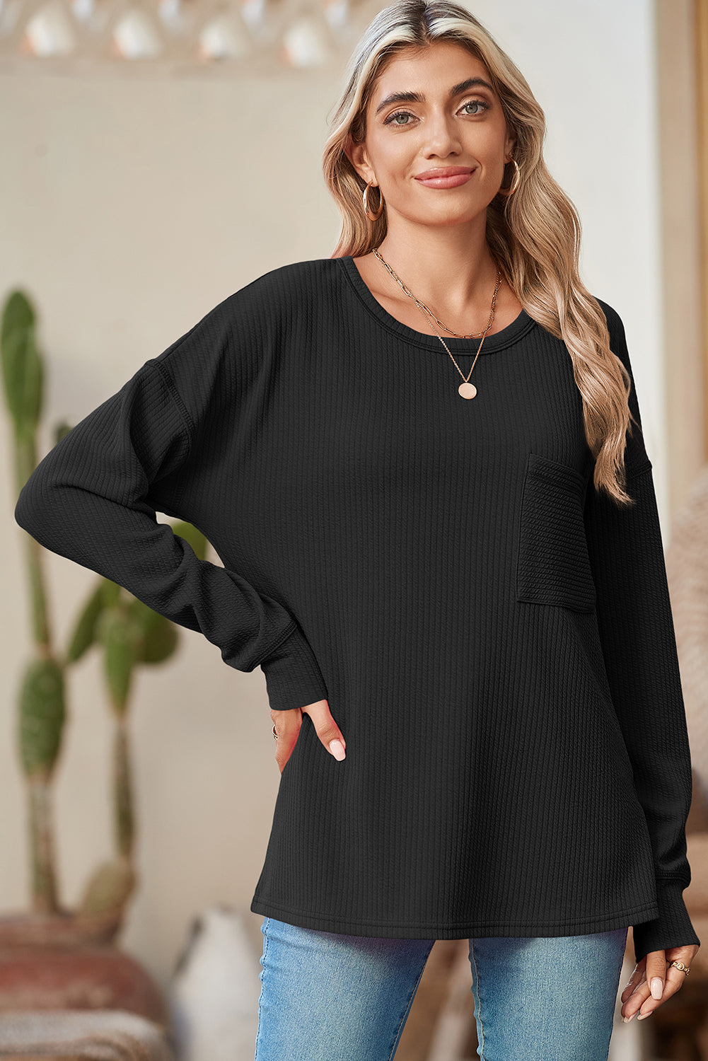 Black Pocketed Ribbed Long Sleeve Top