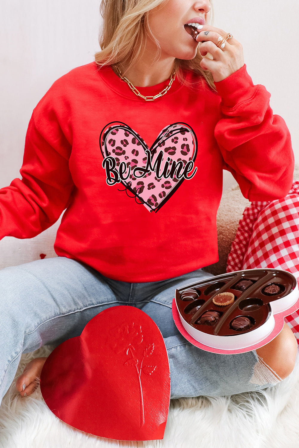 Red Be Mine Leopard Heart Printed Valentines Sweatshirt