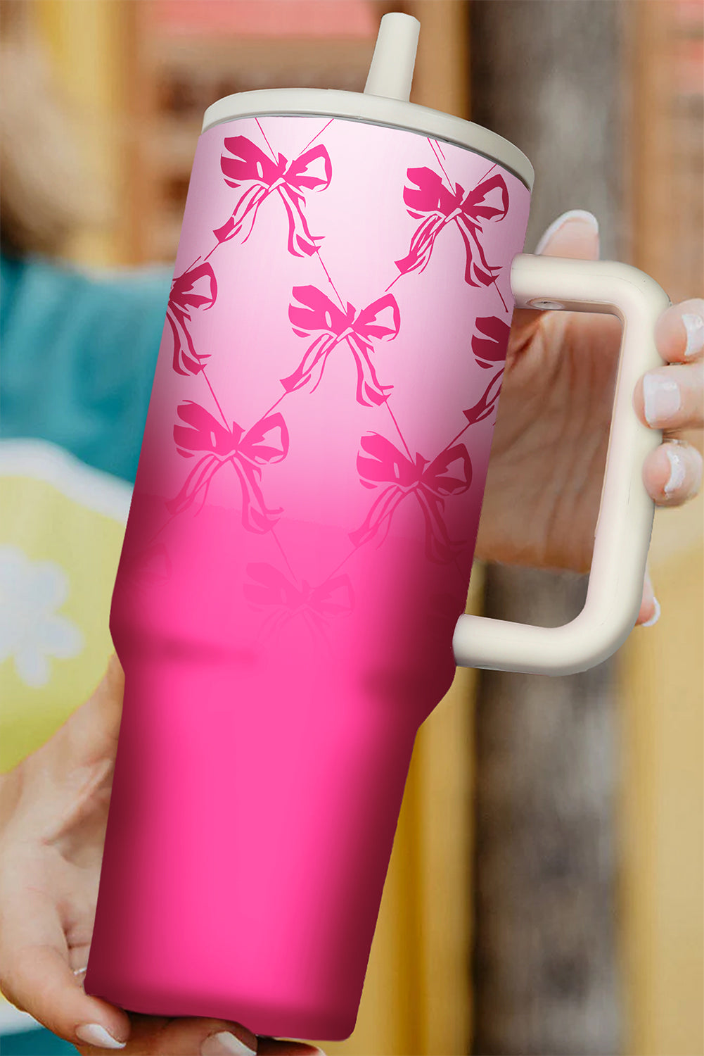 Pink Gradient Bow Print Tumbler Cup