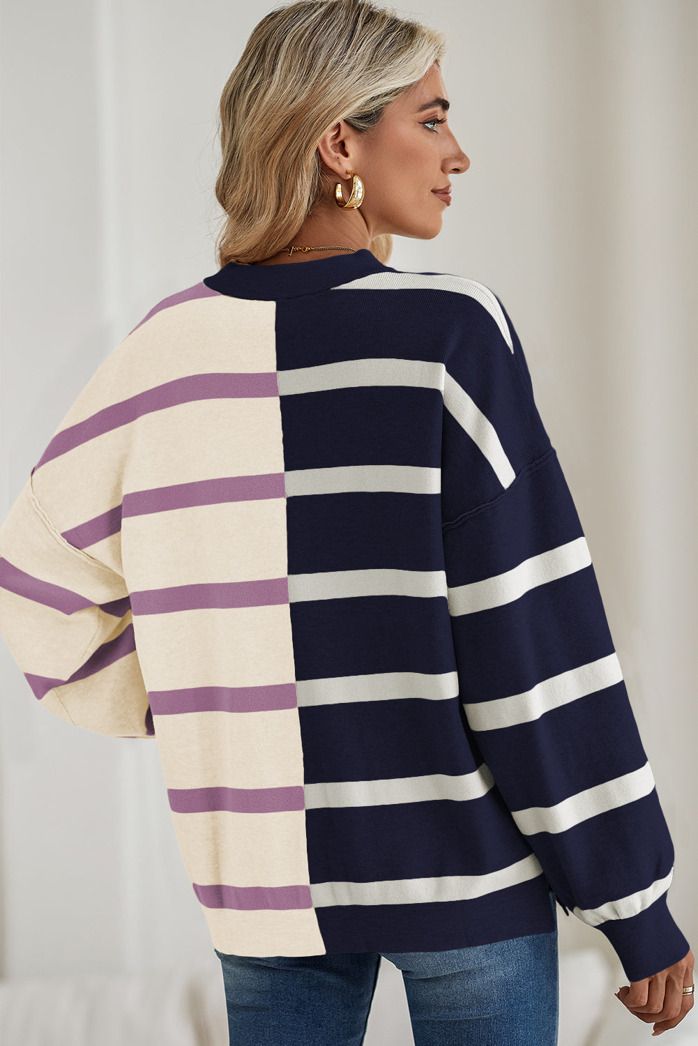 Blue Stripe Exposed Seam Patchwork Loose Sweatshirts