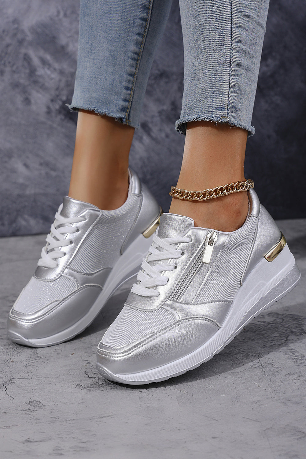 Gold PU Leather Patchwork Zipper Lace Up Sneakers