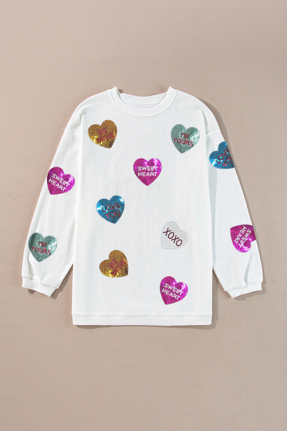 White Letter Sequin Heart Graphic Valentines Corded Crewneck Sweatshirt