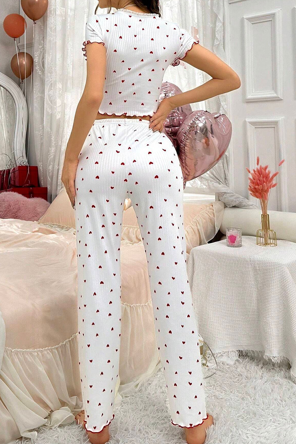 White Valentines Heart Pattern Tee and Pants Pajama Set