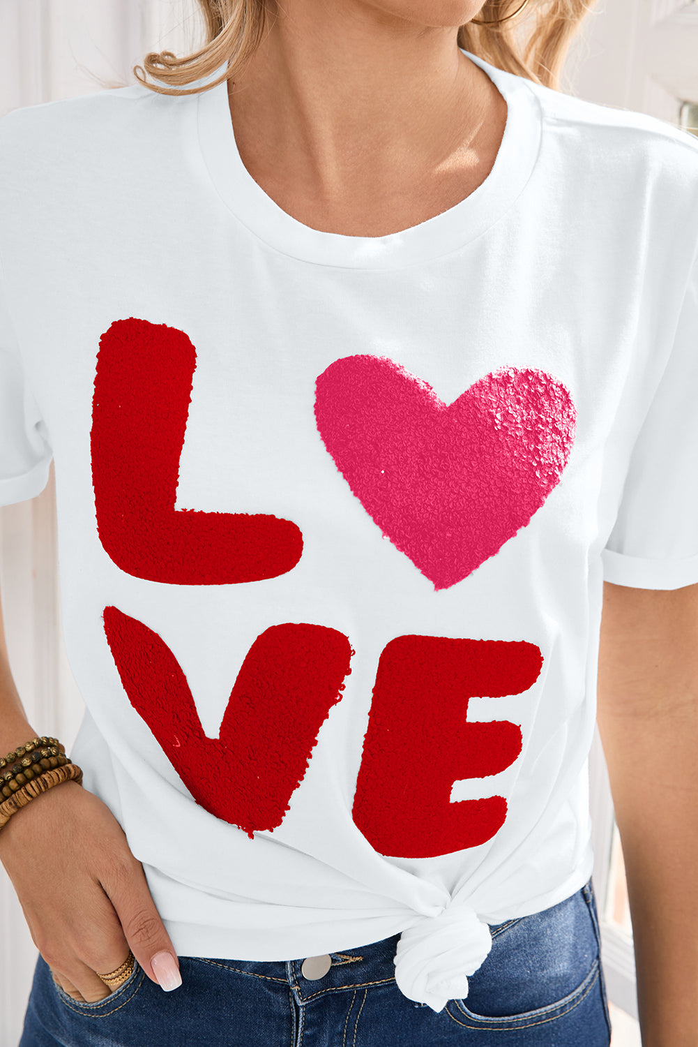 White Heart LOVE Graphic Valentines Crewneck Tee