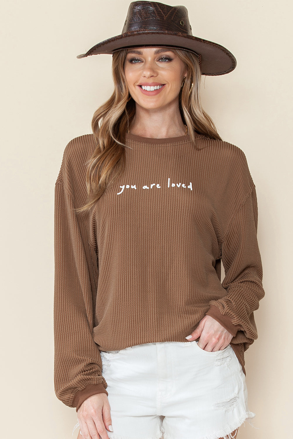 Khaki You Are Loved Print Crinkle Rib Sweatshirt