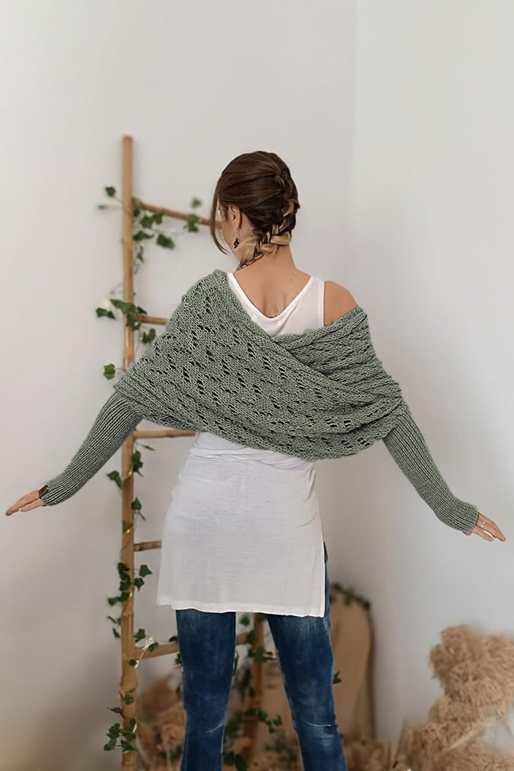 Blackish Green Hollow Knit Scarf with Sleeves