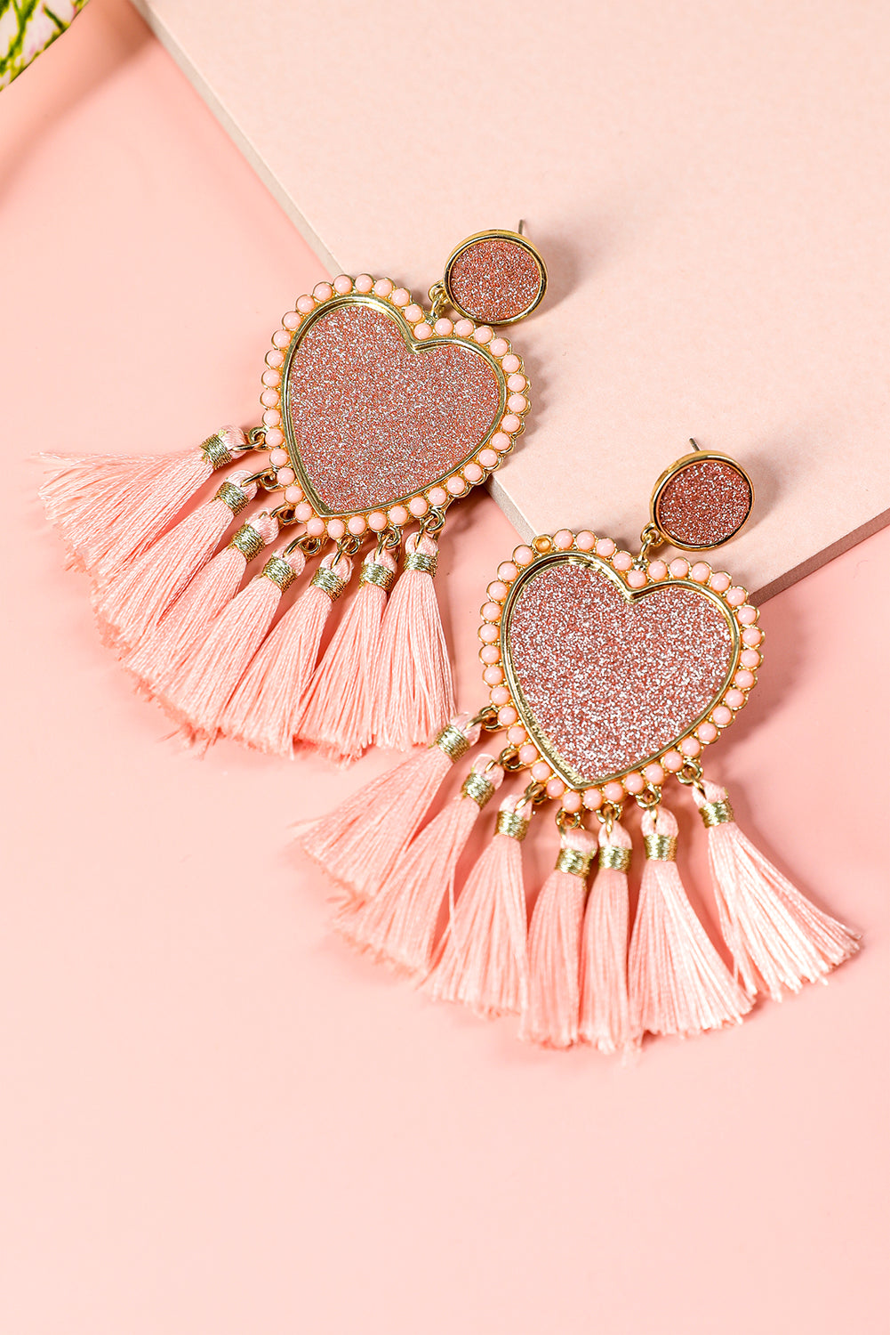 Light Pink Glitter Heart Shaped Tassel Valentine Earrings