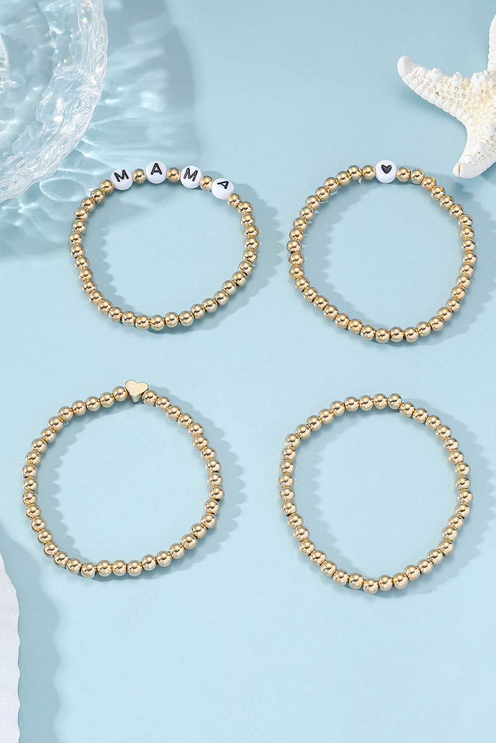 Gold MAMA Heart Bead 4Pcs Bracelets Set