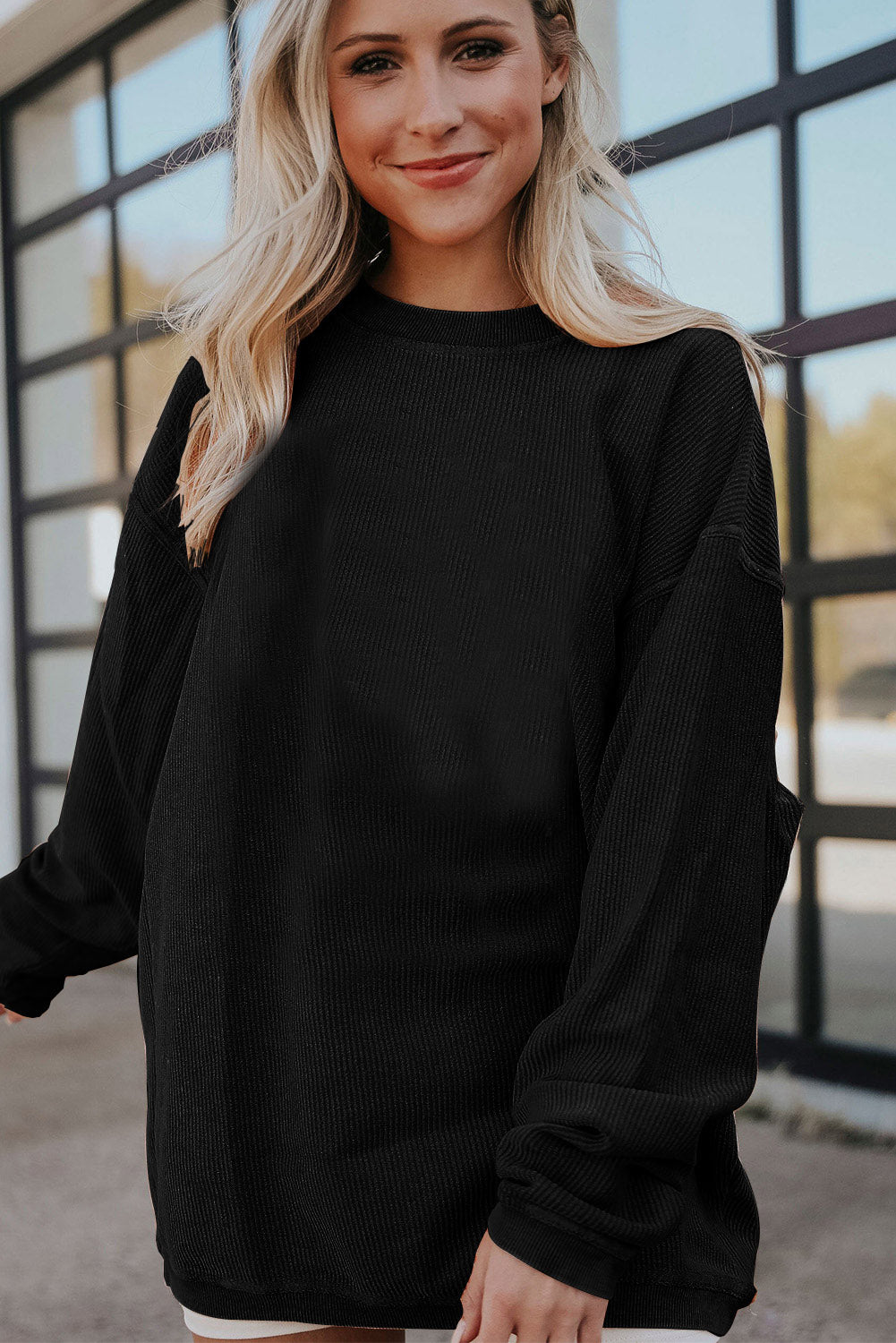 Black Solid Color Crinkle Rib Oversized Sweatshirt