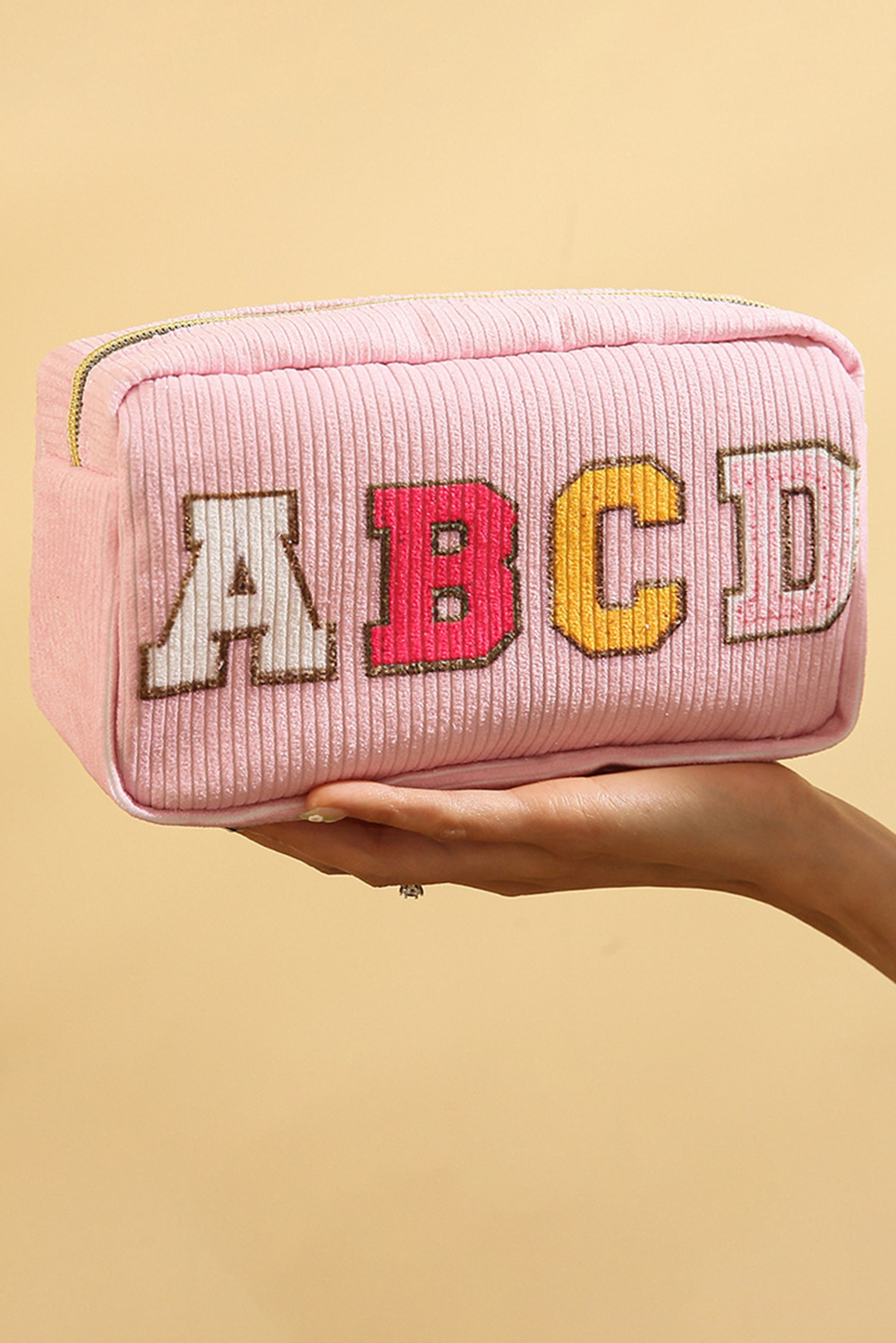 Pink ABCD Letter Decor Corduroy Zipper Cosmetic Bag