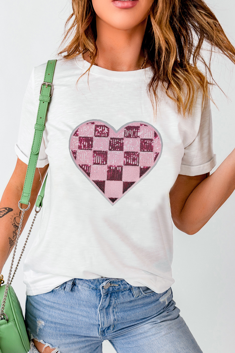 White Checkered Heart Patched Valentines Graphic Tee