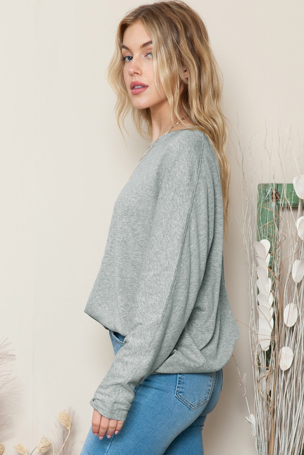 Green Plain Solid Color Casual Seam Long Sleeve Top