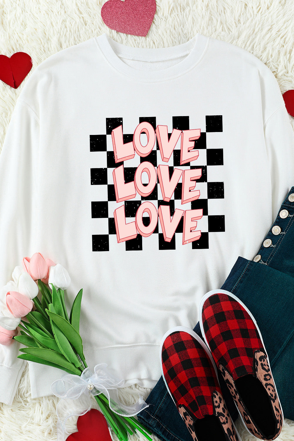 White Checkerboard LOVE Print Graphic Valentines Sweatshirt