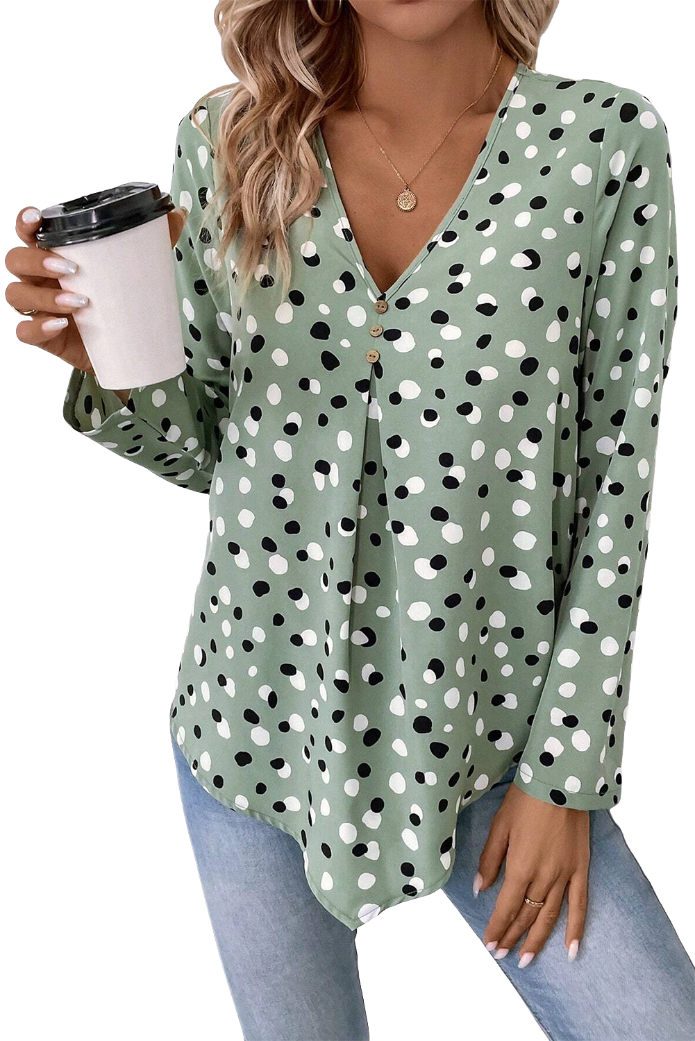 Green Dotted Print Button Front V Neck Blouse