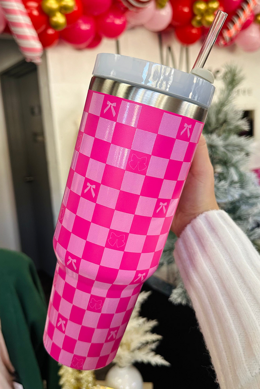 Bright Pink Checkered Bow Print Tumbler Cup