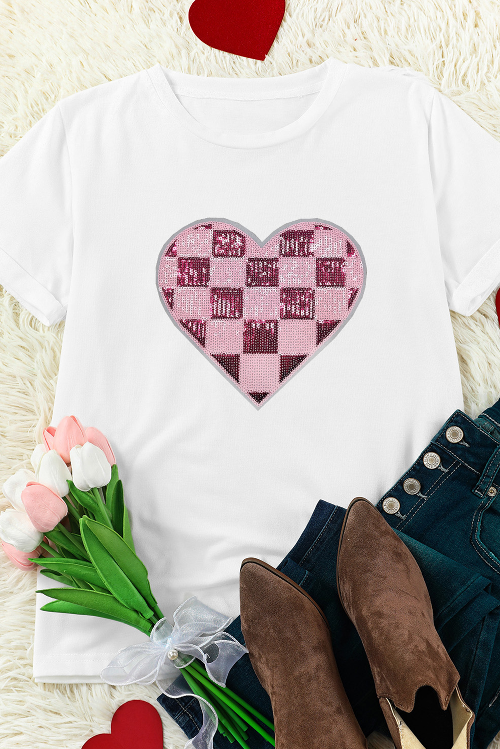 White Checkered Heart Patched Valentines Graphic Tee