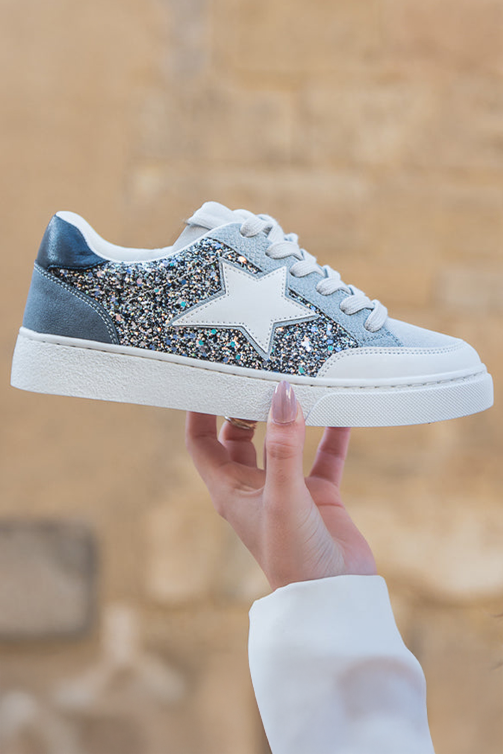 Silver Sequin Star Patch Lace Up Shoes