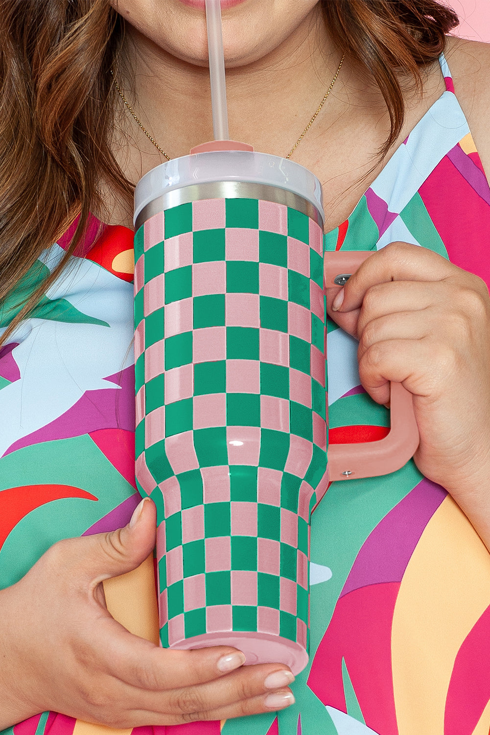 Blackish Green Checkered Print 40oz Tumbler Cup